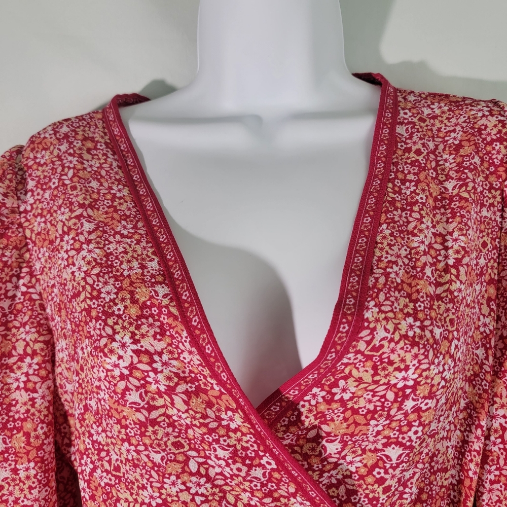 NWT MAX STUDIO Red Dott Print Wrap Midi Dress Size M Smocked Cuff Long Sleeve - Picture 2 of 12